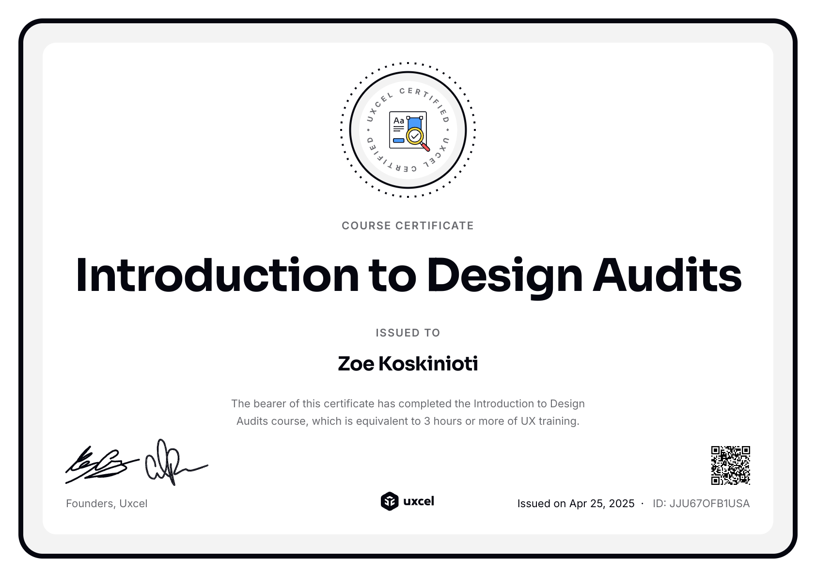 Zoe Koskinioti's certificate